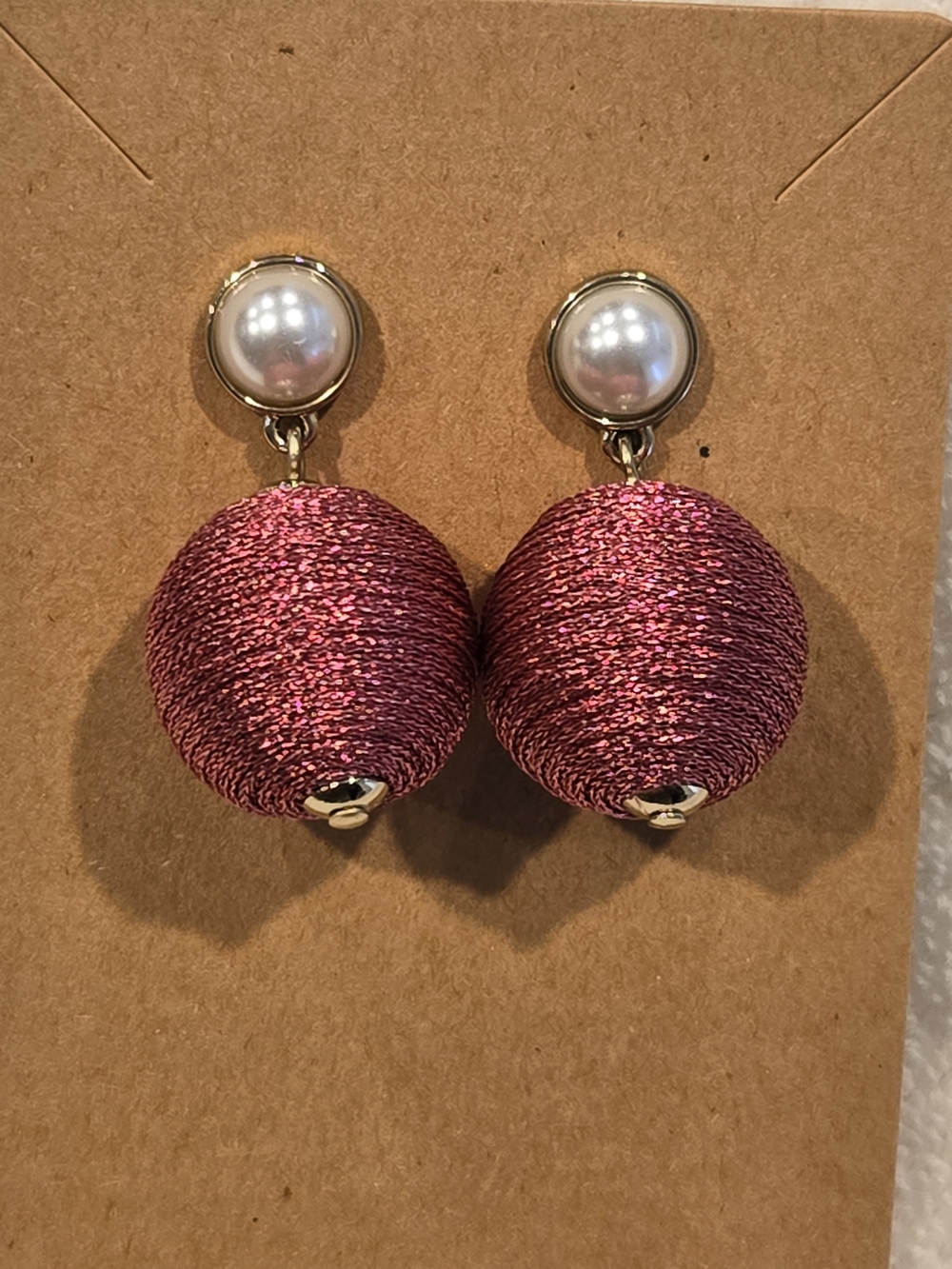 Pearl Top Mauve Thread Ball Drop Earrings